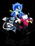  1girl 1other 2boys ant_tenna belt belt_buckle black_background black_belt black_boots black_cape black_lips black_pants blue_gloves blue_tongue boots buckle cape colored_tongue commentary crt cup deltarune drinking_glass english_commentary full_body gloves highres holding holding_cup holding_microphone hole_in_stomach king_(deltarune) lisa77494 microphone multiple_boys necktie object_head pants pointy_nose queen_(deltarune) roaring_knight shoes signature sitting sitting_on_throne smile standing star_(symbol) tailcoat teeth wine_glass yellow_necktie yellow_shoes youtube_username 