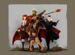 absurd_res black_clothing black_hair brown_clothing brown_eyes brown_hair brown_topwear cape clothed clothing dagger edvardiko female female_human front_view glowing glowing_eyes grass green_body green_eyes green_skin group hair hi_res holding_dagger holding_melee_weapon holding_musical_instrument holding_object holding_staff holding_weapon human humanoid humanoid_pointy_ears looking_at_viewer male male_human male_humanoid mammal melee_weapon mouth_closed musical_instrument navel orange_hair outside pale_skin plant pointy_ears red_cape red_clothing shield short_hair staff standing topwear weapon white_hair