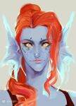  alche_keane animal_humanoid blue_body blue_skin clothing ear_fins female fin fish fish_humanoid hair headshot_portrait humanoid marine marine_humanoid ponytail portrait red_hair shirt simple_background solo tank_top tattoo topwear undertale_(series) undyne 