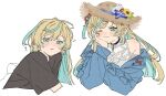  1girl aqua_hair bare_shoulders black_shirt blonde_hair blush closed_mouth dayama drooling flat_color flower green_eyes hat head_rest highres multicolored_hair multiple_views nijisanji shirt simple_background solo straw_hat sunflower tachitsute_toto teeth two-tone_hair upper_body virtual_youtuber white_background 