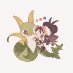  1girl baseball_cap black_vest blue_eyes blush breasts brown_hair cutoffs denim denim_shorts exposed_pocket hat high_ponytail highres hilda_(pokemon) hime_(himetya105) long_hair one_eye_closed open_clothes open_mouth open_vest poke_ball_print pokemon pokemon_(creature) pokemon_bw ponytail serperior shirt short_shorts shorts sidelocks smile vest white_shirt wristband 