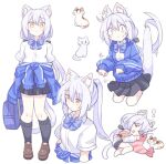  &lt;|&gt;_&lt;|&gt; 1girl animal_ear_fluff animalization bag black_skirt black_socks blue_bow blue_bowtie bow bowtie cat cat_girl cat_tail clothes_around_waist double-parted_bangs dress_shirt hair_between_eyes jacket jacket_around_waist loafers long_hair low_ponytail miniskirt multiple_views original person_and_animalization pleated_skirt ponytail school_bag school_uniform shirt shoes short_sleeves skirt sleeping socks stuffed_toy suzuno_(suzuno3110) tail very_long_hair white_hair white_shirt yellow_eyes 