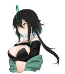  1girl ahoge artpatient bare_shoulders black_bra black_hair black_shirt bra breasts cleavage closed_mouth clothes_lift colored_inner_hair cropped_torso detached_collar frown green_eyes green_jacket high_collar highres jacket large_breasts lifted_by_self long_hair long_sleeves low_ponytail multicolored_hair nijisanji nijisanji_kr off-shoulder_shirt off_shoulder open_clothes open_jacket revealing_clothes shin_yuya shirt shirt_lift simple_background solo strapless strapless_bra streaked_hair underwear virtual_youtuber white_background 