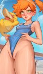  1boy 1girl absurdres between_labia blush breasts clothes_pull covered_nipples erection frontal_wedgie green_eyes hiatsz highres misty_(pokemon) naughty_face one-piece_swimsuit one-piece_swimsuit_pull orange_hair pokemon pokemon_(anime) pokemon_(creature) psyduck side_ponytail small_breasts swimsuit thighs wedgie 