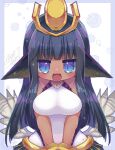  1girl animal_ears artist_name bare_shoulders black_hair blue_eyes bodysuit bracelet breasts dark_skin emil_chronicle_online hair_ornament highres jewelry jitome large_breasts long_hair monster_girl open_mouth raised_inner_eyebrows satsuki_atan sphinx_(eco) upper_body white_bodysuit white_wings wings 