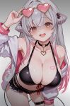  1girl absurdres belt bent_over bikini black_bikini black_choker breast_tattoo breasts choker cleavage crazy crazy_eyes cropped_legs daysss eyewear_on_head front-tie_bikini_top front-tie_top gradient_hair grey_hair heart heart-shaped_eyewear heart_choker highres huge_breasts indie_virtual_youtuber jacket large_breasts long_hair looking_at_viewer multicolored_hair navel open_clothes open_jacket open_mouth pink_hair shaded_face skindentation smile solo standing sunglasses suou_patra swimsuit tattoo teeth thigh_strap upper_teeth_only white_jacket yandere yellow_eyes 