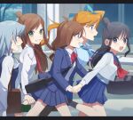  5girls ace_attorney ascot athena_cykes bag black_bag black_hair blue_necktie blue_sailor_collar blue_shirt blue_skirt blue_vest blush bow brown_hair ema_skye franziska_von_karma green_eyes green_skirt grey_hair hair_bobbles hair_ornament highres holding_hands jacket long_hair maya_fey medium_hair multiple_girls neckerchief necktie nrmy_1228 open_clothes open_jacket orange_hair outdoors purple_eyes red_bow red_neckerchief sailor_collar school_uniform shirt shoulder_bag side_ponytail skirt small_sweatdrop smile teeth topknot tree trucy_wright vest white_ascot white_shirt 