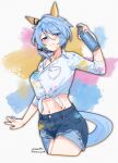  1girl animal_ears blue_eyes blue_hair blush can chinese_commentary closed_mouth commentary_request cropped_legs cutoffs dated denim denim_shorts ear_covers highres holding holding_can horse_ears horse_girl horse_tail k.s.miracle_(umamusume) looking_at_viewer midriff mixed-language_commentary navel paint_can paint_on_clothes paint_splatter paint_splatter_on_face saramiao-chan shirt shorts solo tail tied_shirt twitter_username umamusume white_shirt 