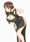  1girl absurdres alternate_costume bangs black_dress blunt_bangs breasts brown_eyes brown_hair china_dress chinese_clothes cleavage cleavage_cutout closed_mouth clothing_cutout commentary_request dress earrings eyebrows_visible_through_hair frown girls_und_panzer hand_in_hair hand_on_own_thigh high_collar highres jewelry large_breasts leaning_forward legs long_dress long_hair looking_at_viewer mature_female nishizumi_shiho partial_commentary side_slit simple_background sleeveless sleeveless_dress solo standing straight_hair white_background yuusha 