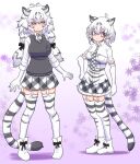  2girls absurdres animal_ears black_bow black_gloves black_hair black_shirt black_thighhighs blue_eyes boots bow collared_shirt color_switch elbow_gloves full_body garter_straps gloves grey_necktie grey_skirt grey_vest hair_between_eyes hair_bow highres kemono_friends long_hair long_sleeves multicolored_hair multiple_girls necktie plaid_clothes plaid_necktie plaid_skirt pleated_skirt print_gloves print_shirt print_thighhighs shinkaisoku shirt short_hair short_sleeves siberian_tiger_(kemono_friends) sidelocks skirt smile t-shirt tail thighhighs tiger_ears tiger_girl tiger_tail twintails two-tone_gloves two-tone_hair two-tone_shirt two-tone_thighhighs vest white_boots white_gloves white_hair white_shirt white_thighhighs white_tiger_(kemono_friends) white_tiger_print zettai_ryouiki 