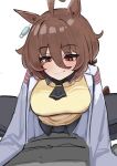  1girl absurdres agnes_tachyon_(umamusume) ahoge animal_ears black_necktie blush breasts chemical_structure closed_mouth coat earrings hair_between_eyes highres horse_ears horse_girl iog626 jewelry lab_coat large_breasts md5_mismatch medium_hair multiple_girls necktie open_clothes open_coat panties panties_under_pantyhose panties_visible_through_clothes pantyhose pov red_eyes short_necktie shorts simple_background single_earring straddling umamusume underwear white_background white_coat yellow_shorts 