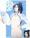  2boys absurdres ahoge bishounen black_hair blue_background chibi chibi_inset chinese_clothes cleavage_cutout closed_mouth clothing_cutout cloud_print collarbone covered_navel covered_nipples cowboy_shot crossdressing dress folding_fan glowstick grey_eyes groin hand_fan hand_on_own_hip headband high_ponytail highres holding holding_fan holding_glowstick implied_yaoi jujeop korean_commentary lan_wangji lips long_hair long_sleeves looking_at_another looking_at_viewer male_focus modao_zushi multiple_boys navel nipples panties pectoral_cleavage pectorals pelvic_curtain ponytail revealing_clothes see-through_clothes see-through_dress shrug_(clothing) side_slit sidelocks smile topknot trap underwear wei_wuxian white_dress white_headband white_panties white_shrug xiangyun yellow_eyes 