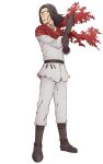  1boy belt black_belt black_hair boots brown_boots brown_gloves closed_mouth facial_hair full_body glasses gloves isekai_ojisan jacket long_hair long_sleeves looking_back oota_kazuhiro red_scarf scarf shibazaki_yousuke simple_background solo standing transparent_background white_jacket 