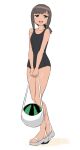  1girl black_eyes black_hair black_one-piece_swimsuit breasts commentary_request food fruit fubuki_(kancolle) full_body kantai_collection low_ponytail medium_breasts old_school_swimsuit one-piece_swimsuit open-toe_shoes ponytail school_swimsuit simple_background solo swimsuit tamu_(mad_works) tan watermelon white_background 