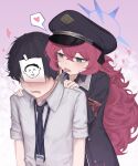  1boy 1girl absurdres ahiru_(ahahahahiru) armband assertive_female black_bow black_hair black_hat blue_archive blue_halo blue_necktie blush bow collared_shirt commentary cowboy_shot crossed_bangs doodle_sensei_(blue_archive) dress_shirt embarrassed fluffy_hair grey_eyes hair_between_eyes halo hands_on_another&#039;s_shoulders hat hat_bow heart hetero highres id_card iroha_(blue_archive) jacket licking licking_ear long_hair long_sleeves looking_at_another necktie nose_blush open_mouth paper_on_head peaked_cap pink_background red_armband red_hair red_jacket saliva saliva_trail sensei_(blue_archive) shirt short_hair short_sleeves simple_background slit_pupils solo_focus speech_bubble spoken_heart sweatdrop teeth tongue tongue_out twitching upper_body very_long_hair wavy_mouth white_shirt 