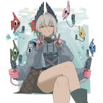  1girl :d ^_^ absurdres aiming aiming_at_viewer animal arknights border brown_gloves closed_eyes commentary crossed_legs double_v earrings english_commentary extra_arms facing_viewer feet_out_of_frame finger_on_trigger fish gloves grey_hair grin gun hair_between_eyes handgun highres holding holding_gun holding_weapon invisible_chair jewelry long_sleeves myticalcat outside_border pink_gloves raidian_(arknights) short_hair sitting smile solo v weapon white_border 