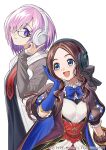  :d asamitsu_(n_morninglight) black-framed_eyewear black_bow black_dress blue_bow blue_eyes blue_gloves bob_cut bow bowtie brown_hair closed_mouth copyright_notice dress elbow_gloves fate/grand_order fate_(series) glasses gloves grey_sleeves hair_bow hair_over_one_eye hand_on_headphones hand_up headphones hood hood_down hooded_jacket jacket leonardo_da_vinci_(fate) leonardo_da_vinci_(rider)_(fate) leonardo_da_vinci_(rider)_(first_ascension)_(fate) long_hair looking_at_another looking_to_the_side mash_kyrielight necktie official_art official_art_inset open_clothes open_jacket open_mouth parted_bangs pink_hair puff_and_slash_sleeves puffy_short_sleeves puffy_sleeves purple_eyes raglan_sleeves red_necktie short_hair short_sleeves simple_background sleeves_past_wrists smile sony white_background white_jacket zipper 