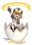  1boy absurdres aotu_world arm_up baseball_cap belt bird black_gloves black_hat black_shoes black_shorts blonde_hair blue_eyes blush broken_egg chinese_commentary drawstring eggshell english_text fingerless_gloves gloves hair_between_eyes happy_birthday hat highres hood hood_down hoodie king_(aotu_world) looking_at_viewer male_focus multicolored_hat multicolored_hoodie multicolored_shoes official_art open_mouth pointy_ears qi_chuang_she shoes short_hair short_sleeves shorts simple_background smile solo teeth w white_background white_hoodie yellow_belt 