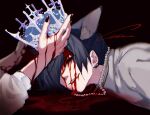  2boys animal_ears black_background black_eyes black_hair bleeding blood blood_from_forehead blood_on_clothes blood_on_face blood_on_hands chino_(sky_tanosi) commentary_request crown dog_boy dog_ears ear_piercing highres holding holding_crown jewelry lying male_focus multiple_boys necklace on_stomach original out_of_frame pearl_necklace piercing short_hair simple_background solo_focus upper_body 