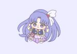  1girl absurdly_long_hair asymmetrical_skirt black_vest boots bow brooch chibi closed_mouth collared_vest cure_fortune dot_nose earrings eyelashes footwear_bow frilled_arm_warmers frilled_vest frills hair_bow hair_ornament happinesscharge_precure! happy heart heart_brooch heart_hair_ornament high_ponytail hikawa_iona ichigo_usuhana jewelry knee_boots lapels long_hair long_skirt looking_at_viewer magical_girl neckerchief outstretched_arms parted_bangs peaked_lapels ponytail precure purple_background purple_bow purple_eyes purple_hair purple_neckerchief purple_skirt shirt short_sleeves sidelocks simple_background skirt smile solo star_(symbol) star_earrings tareme very_long_hair vest waist_bag white_arm_warmers white_bag white_boots white_bow white_shirt 