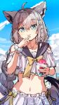  1girl absurdres ahoge animal_ear_fluff animal_ears aqua_eyes bikini blue_eyes blue_sky blush bow bowtie braid cloud cloudy_sky collarbone day earrings eating food fox_ears fox_girl fox_tail grey_hair hair_between_eyes highres holding holding_food hololive holonatsu_paradise jewelry long_hair looking_at_viewer midriff navel official_alternate_costume outdoors sailor_collar scrunchie shaved_ice shirakami_fubuki_(holonatsu_paradise) shirt sidelocks signature single_braid skirt sky solo swimsuit tail u_da_desu virtual_youtuber white_skirt wrist_scrunchie yellow_bow 