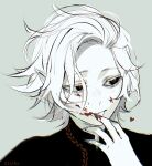  1girl 23i2ko bags_under_eyes biting_own_finger black_eyes black_shirt blood blood_on_face blood_on_hands collared_shirt hair_flowing_over heart original pointy_ears shirt short_hair simple_background solo white_background white_hair 