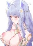 1girl animal_ears areola_slip bikini blue_hair blush braid breasts cleavage fire_emblem fire_emblem_heroes flower hair_flower hair_ornament haru_(nakajou-28) heidrun_(fire_emblem) heidrun_(summer)_(fire_emblem) highres lactation large_breasts long_hair looking_down nipples official_alternate_costume red_eyes sarashi simple_background solo sweat swimsuit upper_body very_long_hair white_background white_bikini white_flower 