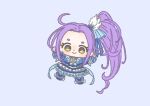  1girl absurdly_long_hair back_bow blue_arm_warmers blue_background blue_boots blue_bow blue_bowtie blue_dress blue_ribbon blue_theme boots bow bowtie brooch chibi closed_mouth cure_beat dot_nose dress earrings eyelashes feather_hair_ornament feathers footwear_bow forehead frilled_arm_warmers frilled_dress frilled_sleeves frills hair_ornament hair_ribbon heart heart_brooch heart_earrings heart_hair_ornament heart_print ichigo_usuhana jewelry kurokawa_eren light_blush long_hair looking_at_viewer magical_girl outstretched_arms precure purple_hair ribbon short_dress short_sleeves side_ponytail simple_background smile solo suite_precure tareme thigh_boots very_long_hair white_bow yellow_eyes 