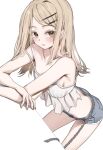  1girl absurdres belt blonde_hair blue_shorts blush camisole colored_eyelashes commentary cutoff_jeans cutoffs denim denim_shorts gakuen_idolmaster hair_ornament hairclip highres idolmaster leaning_forward long_hair looking_at_viewer looking_back nail_polish parted_lips scarlet_(wv0102) shinosawa_hiro short_shorts shorts simple_background solo strap_slip symbol-only_commentary white_background white_camisole yellow_eyes 