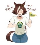  1girl animal_ears breasts brown_hair closed_eyes collarbone denim english_text francisco_mon hair_over_one_eye highres horse_ears horse_girl horse_tail jeans long_hair multicolored_hair open_mouth pants ponytail shirt short_sleeves simple_background small_breasts solo t-shirt tail teeth umamusume vinesauce vodka_(umamusume) white_background white_hair white_shirt 