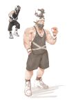  1boy absurdres alternate_muscle_size bandana bandana_over_mouth bara biceps black_bandana black_shorts black_socks black_tank_top blue_eyes blue_hair broad_shoulders highres holding holding_poke_ball hoonzino jewelry male_focus muscular muscular_male necklace pectoral_cleavage pectorals poke_ball pokemon pokemon_sm reference_inset salandit shiny_skin shoes shorts sidepec skull_necklace skull_print sneakers socks tank_top team_skull_grunt white_background white_shoes wristband 