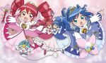  2girls :d \m/ ahoge aqua_eyes arm_up artist_logo artist_name back_bow bead_bracelet beads blonde_hair blue_bow blue_dress blue_hair blue_hat blue_shoes blush bow bowtie bracelet chest_bow closed_mouth commentary creature crest curly_hair dot_nose dress dress_bow drill_hair earrings elbow_gloves fairy fine_(futagohime) fine_(party_dress)_(futagohime) fine_(prominence_dress_up)_(futagohime) flower_wand frilled_dress frilled_sleeves frills full_body fushigiboshi_no_futago_hime gem gleam gloves gold_tiara gown hair_between_eyes hair_ornament hat heart heart_print high_collar highres holding holding_hands holding_wand interlocked_fingers jeweled_hat jewelry kaetsai logo long_hair long_sleeves looking_at_viewer magical_girl medallion multiple_girls multiple_views open_mouth overskirt pantyhose phrygian_cap pink_background pink_bow pink_dress pink_shoes pointy_ears ponytail pumo_(futagohime) purple_bow purple_bowtie purple_eyes red_eyes red_gemstone red_hair rein_(futagohime) rein_(party_dress)_(futagohime) rein_(prominence_dress_up)_(futagohime) ringlets shoes short_sleeves siblings sisters sleeves_past_wrists smile sparkle sparkle_background star_(symbol) star_earrings star_hair_ornament sun_hat_ornament sun_print supportasse tail tiara twin_drills twins twintails two-tone_dress wand white_bow white_dress white_pantyhose wide_sleeves 