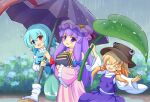  3girls blonde_hair blue_bow blue_eyes blue_hair blue_skirt blue_vest blush book bow breasts brown_hat capelet closed_eyes commentary_request dress frilled_sleeves frills hair_ribbon hat heterochromia highres holding holding_book holding_umbrella juliet_sleeves karakasa_obake leaf_umbrella long_hair long_sleeves mob_cap moriya_suwako multiple_girls open_mouth patchouli_knowledge pink_capelet pink_dress pink_hat puffy_sleeves purple_eyes purple_hair purple_skirt purple_umbrella purple_vest rain red_eyes red_ribbon ribbon shared_umbrella skirt skirt_set smile striped_clothes striped_dress tatara_kogasa touhou tress_ribbon umbrella vertical-striped_clothes vertical-striped_dress vest wide_sleeves yoruniwa 
