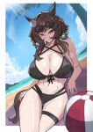  1girl absurdres animal_ears ball bare_shoulders beach beachball bikini black_bikini blue_sky blush breasts brown_hair cleavage closed_mouth cloud day eyewear_on_head gentildonna_(umamusume) highres horse_ears horse_girl horse_tail huge_breasts long_hair looking_at_viewer mitsune_(3chune) navel ocean outdoors palm_tree red_eyes sand sky smile solo sunglasses swimsuit tail thigh_strap tree umamusume 