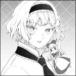  1girl alice_margatroid capelet collared_shirt commentary doll frilled_hairband frilled_necktie frills gradient_background greyscale hairband highres konruri_blue lolita_hairband monochrome parted_lips portrait screentones shanghai_doll shirt solo_focus touhou white_capelet 