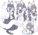  1girl animal_ear_fluff animal_ears animalization apron black_dress black_hair blunt_bangs bubble dress fox fox_ears fox_girl fox_tail hair_ribbon jitome long_dress long_hair maid maid_apron maid_headdress mary_janes multiple_views open_mouth original person_and_animalization ribbon shoes short_eyebrows simple_background socks suzuno_(suzuno3110) tail thick_eyebrows twintails washing_animal white_apron white_background white_socks yellow_eyes 