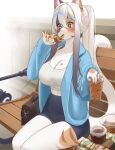  +_+ 1girl animal_ears bag bench black_hair blue_jacket blush breasts bubble_tea cat_ears cat_girl cat_tail cheese cleavage commentary cup disposable_cup drinking_straw eating etivka food furry furry_female gradient_hair hair_between_eyes handbag haru_(etivka) high-waist_shorts highres holding holding_food holding_pizza jacket large_breasts legs_together multicolored_hair open_clothes open_jacket original pink_nails pizza ponytail sandwich short_shorts shorts sitting solo symbol-only_commentary tail white_hair 