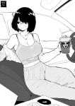  1girl absurdres bob_cut bra_strap bra_visible_through_clothes bralines breasts camisole car_interior car_seat cleavage collarbone desyana_laurentia doughnut drink feet_out_of_frame food glasses greyscale highres jewelry large_breasts looking_away mole mole_on_breast mole_under_eye monochrome necklace norman_maggot original rimless_eyewear short_hair sitting solo spaghetti_strap 