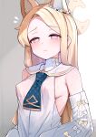  1girl absurdres animal_ear_fluff animal_ears aori_(binnoaori) bare_shoulders blonde_hair blue_archive blush breasts closed_mouth covered_nipples detached_sleeves dress flower flying_sweatdrops forehead fox_ears fox_girl hair_ornament halo highres long_hair long_sleeves looking_at_viewer sailor_collar seia_(blue_archive) small_breasts solo sweat very_sweaty white_dress yellow_eyes yellow_halo 