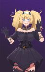  1girl absurdres ani_(xai) ani_(xai)_(cosplay) anotsugini_kuruji black_choker black_corset black_dress black_gloves blonde_hair blue_eyes choker corset cosplay cowboy_shot dress flying_sweatdrops gambier_bay_(kancolle) gloves goth_fashion gradient_background hairband highres kantai_collection lace lace-trimmed_choker lace_choker lace_trim long_hair look-alike multicolored_hairband off-shoulder_dress off_shoulder open_mouth purple_background solo twintails twitter wavy_mouth 
