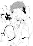 1boy 1girl :d blush chuo_tanegashima_high_school_uniform closed_eyes collared_shirt couple greyscale head_on_another&#039;s_chest hetero ikuhashi_muiko koujiro_frau leaning_on_person long_hair monochrome multiple_hair_ribbons open_mouth ribbon robotics;notes sailor_collar school_uniform serafuku shirt short_hair short_sleeves shoulder_grab sidelocks simple_background smile standing teeth tongue translation_request twintails upper_body wavy_mouth white_background yashio_kaito 