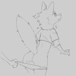 ambiguous_gender anthro balls biped bottomwear bottomwear_pull butt canid canine clothing clothing_pull duo eyebrows fingers fox fur genitals hi_res male mammal mouth_closed oxfort2199 paws rear_view shirt simple_background tail topwear wavy_mouth