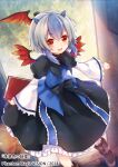  1girl :d black_dress blue_hair blue_horns blue_vest blush book boots brown_boots doorway dress green_background grey_hair head_wings highres holding holding_book horns jar long_sleeves multicolored_hair red_eyes red_wings single_head_wing smile solo tokiko_(touhou) torii_sumi touhou two-tone_hair vest white_sleeves wings 