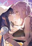  2girls absurdres atsuko_(blue_archive) bare_arms baseball_cap black_camisole blue_archive blush camisole commentary_request dusk eye_contact halo hand_in_another&#039;s_hair hand_on_another&#039;s_cheek hand_on_another&#039;s_face hand_on_another&#039;s_neck hat headphones headphones_around_neck highres kurihara_sakura long_hair looking_at_another multiple_girls outdoors parted_lips pink_eyes purple_eyes purple_hair saori_(blue_archive) smile strap_slip white_hat yuri 