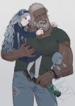 1boy 1girl arm_tattoo beard beer_bottle black_shoes blue_dress blue_eyes blue_hair braid carrying carrying_person casual cowboy_shot denim dress elden_ring elden_ring_nightreign facial_hair flower green_shirt grey_hair hair_flower hair_ornament hairband height_difference highres ironna_r jeans jewelry long_hair low_twin_braids muscular muscular_male necklace pants raider_(elden_ring) red_eyes revenant_(elden_ring) shirt shoes signature stuffed_toy tan tattoo tooth_necklace twin_braids 