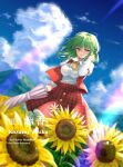  1girl absurdres ascot blue_sky breasts buttons character_name closed_umbrella cloud collared_shirt cumulonimbus_cloud edz_drawz english_text field flower flower_field frilled_ascot frilled_skirt frills green_hair hand_in_own_hair highres holding holding_umbrella kazami_yuuka long_sleeves looking_at_viewer medium_breasts medium_hair mountainous_horizon outdoors pink_umbrella plaid_clothes plaid_skirt plaid_vest red_eyes red_skirt red_vest revision shirt skirt skirt_set sky sleeve_garter solo sunflower sunflower_field touhou umbrella vest white_shirt yellow_ascot 