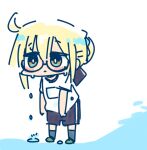  1girl artoria_pendragon_(fate) black-framed_eyewear black_shorts black_socks blonde_hair blush_stickers brown_eyes chibi commentary_request fate/grand_order fate_(series) full_body glasses green_shorts gym_shirt gym_shorts gym_uniform hair_between_eyes kasuga_yuuki mysterious_heroine_x_alter_(fate) semi-rimless_eyewear shirt short_sleeves shorts socks solo standing under-rim_eyewear wet white_shirt 