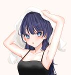  1girl :o absurdres armpits bare_shoulders black_camisole blue_eyes blue_hair blush breasts camisole cleavage collarbone commentary drying drying_hair drying_own_hair hashtag-only_commentary highres link!_like!_love_live! long_hair looking_at_viewer love_live! medium_breasts murano_sayaka open_mouth rere_88rere sideways_glance simple_background solo teeth towel towel_on_head upper_teeth_only virtual_youtuber white_background 