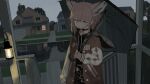  1girl absurdres animal_ears arknights black_choker black_hoodie black_umbrella blue_eyes buttons choker clarke149246 commentary_request cross cross_necklace expressionless fox_ears fox_girl highres holding holding_umbrella hood hood_down hoodie house jacket jacket_over_hoodie jewelry lantern large_ears looking_at_viewer necklace outdoors porch rain red_jacket road solo suburb sussurro_(arknights) sussurro_(travel_freely)_(arknights) umbrella 