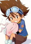  1boy absurdres blue_headband blue_shirt brown_hair brown_shorts digimon digimon_(creature) digimon_adventure goggles goggles_on_head headband highres koromon looking_at_viewer mmsnowf2 parted_lips shirt shorts sitting smile yagami_taichi 